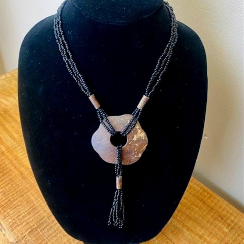 Hand Beaded Black Multi-Strand Tassel Necklace